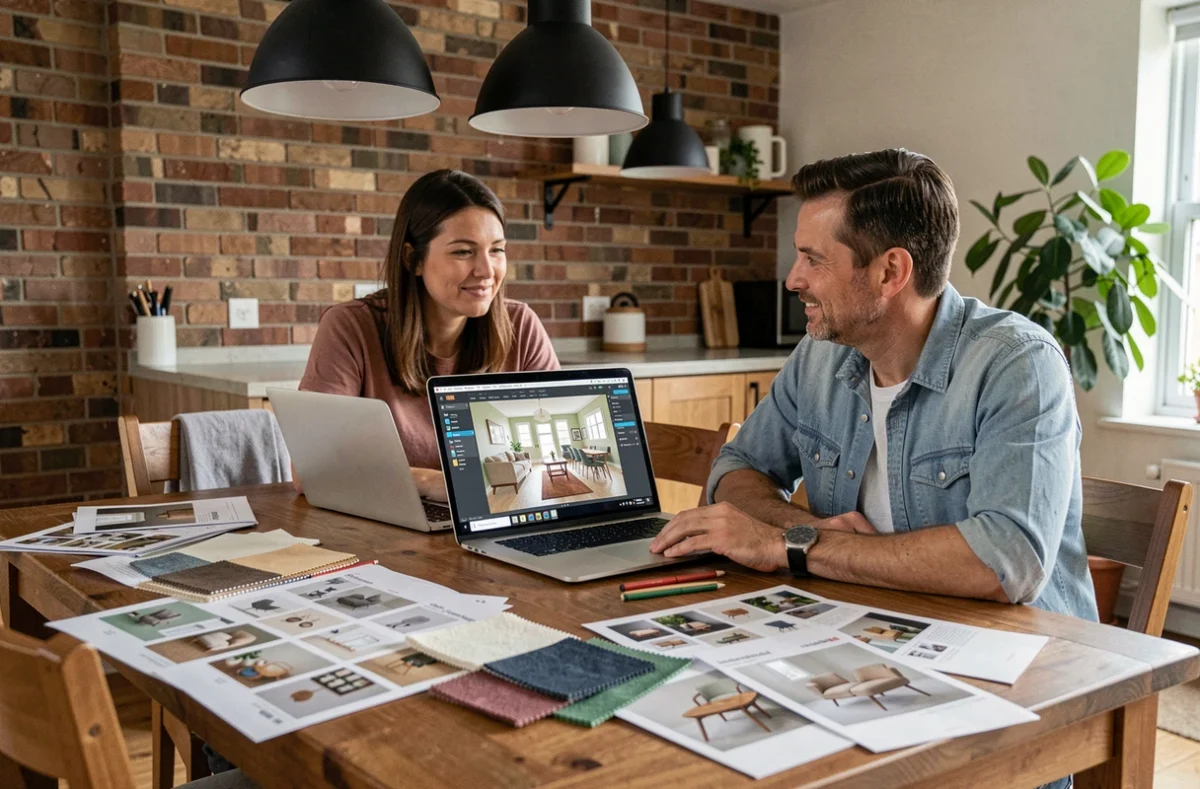 Couple planifiant la décoration de leur intérieur avec un outil de simulation en ligne et des catalogues de meubles