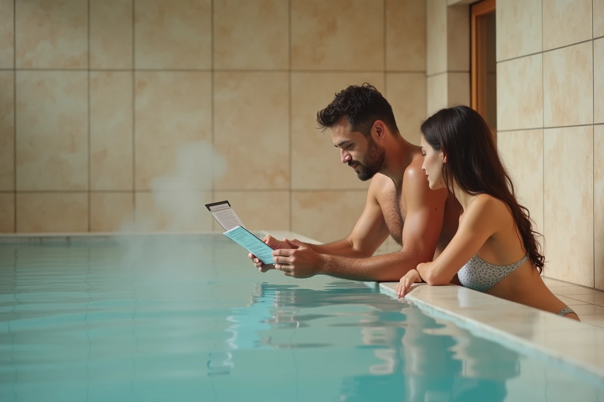 Couple lisant les instructions d'entretien d'un spa intérieur sans chlore avec revêtement en travertin clair