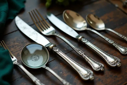Couverts en métal argenté avec poinçon d'argent posés sur une table en bois foncé, examinés à la loupe pour estimer leur valeur