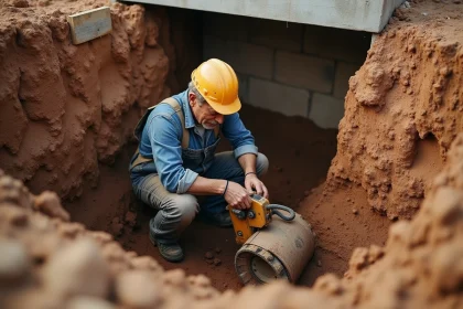 Ouvrier creusant une cave à vin avec une mini-pelle dans une excavation résidentielle aux murs en terre et fondations en pierre