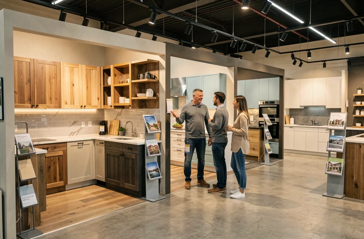 Réseau Cuisines Références avec conseiller présentant différents styles de cuisine en showroom