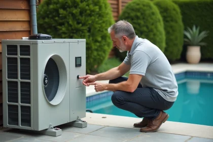 Homme activant le panneau de commande d'une thermopompe de piscine au début de la saison estivale