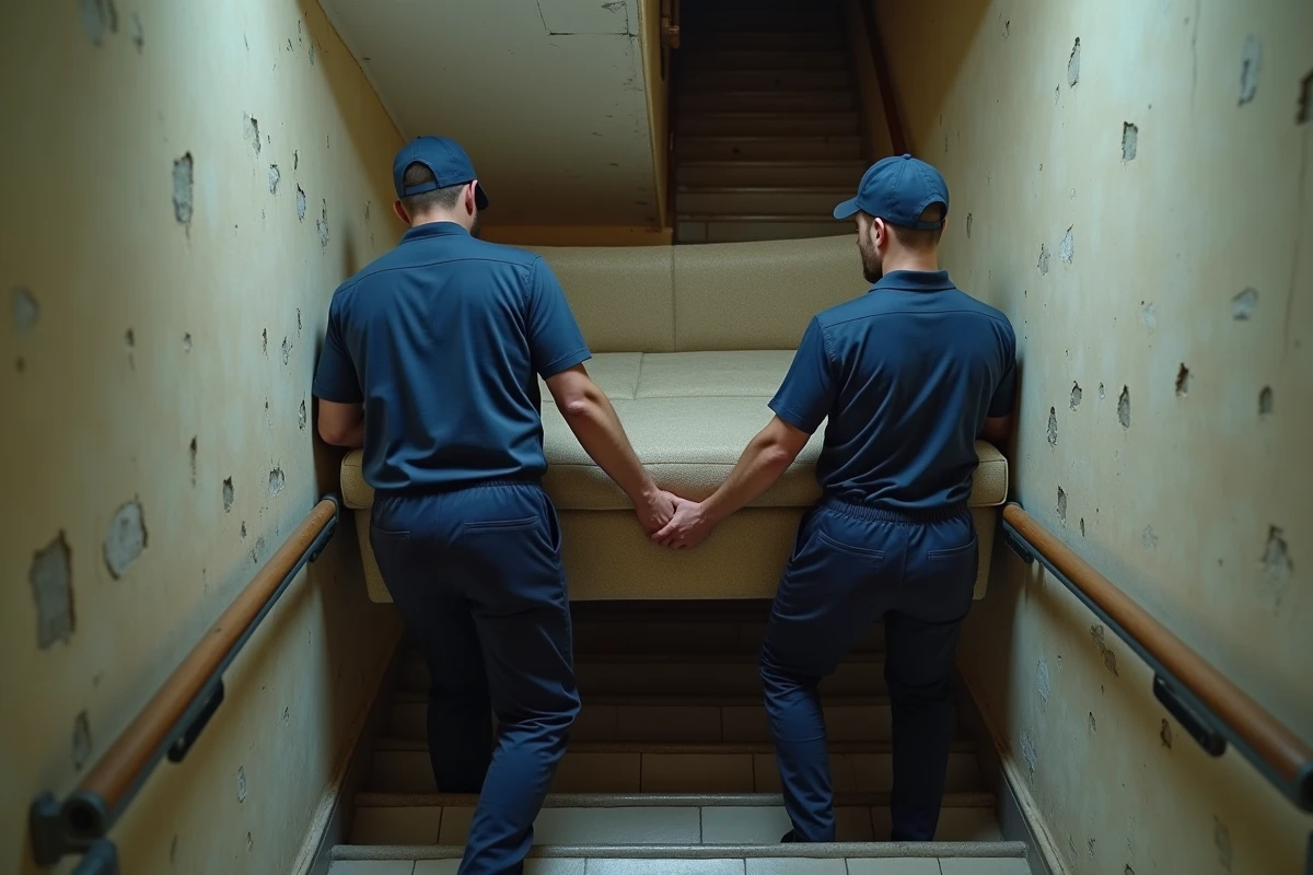 Deux déménageurs transportant un vieux canapé usé dans l'escalier d'un immeuble lors d'une évacuation de meubles