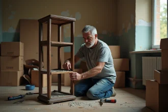 Homme démontant une vieille bibliothèque en bois lors d'un débarras de meuble dans un salon encombré