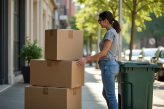 Femme déposant des cartons de déménagement aplatis près d'un bac de recyclage sur un trottoir urbain