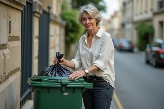 Femme déposant un sac poubelle dans un bac à ordures ménagères sur le trottoir d'une rue résidentielle