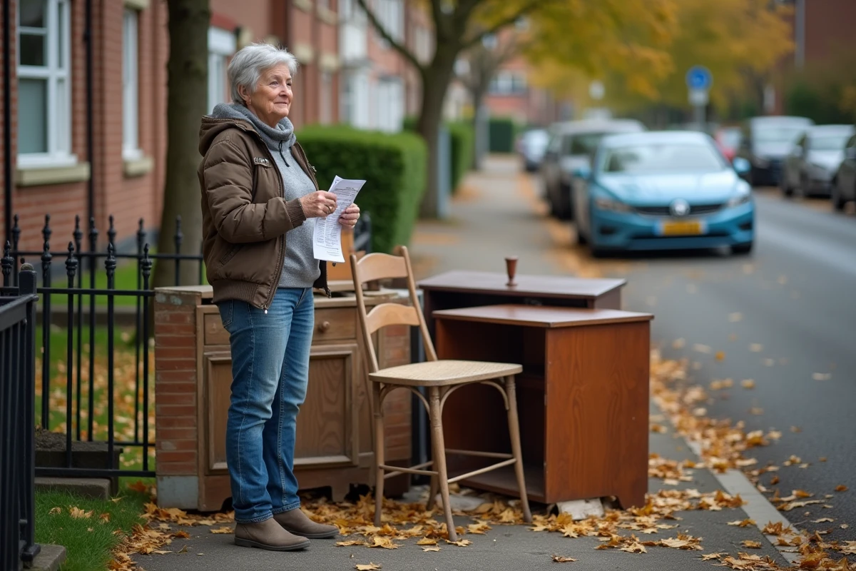 Femme déposant de vieux meubles abîmés sur le trottoir pour la collecte encombrants devant une maison résidentielle