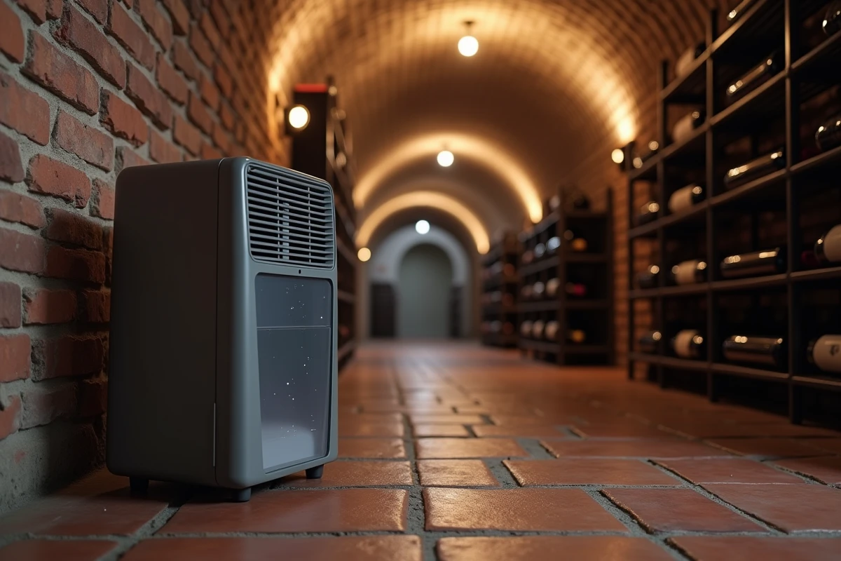 Déshumidificateur électrique posé sur le sol d'une cave à vin en brique pour réduire l'excès d'humidité