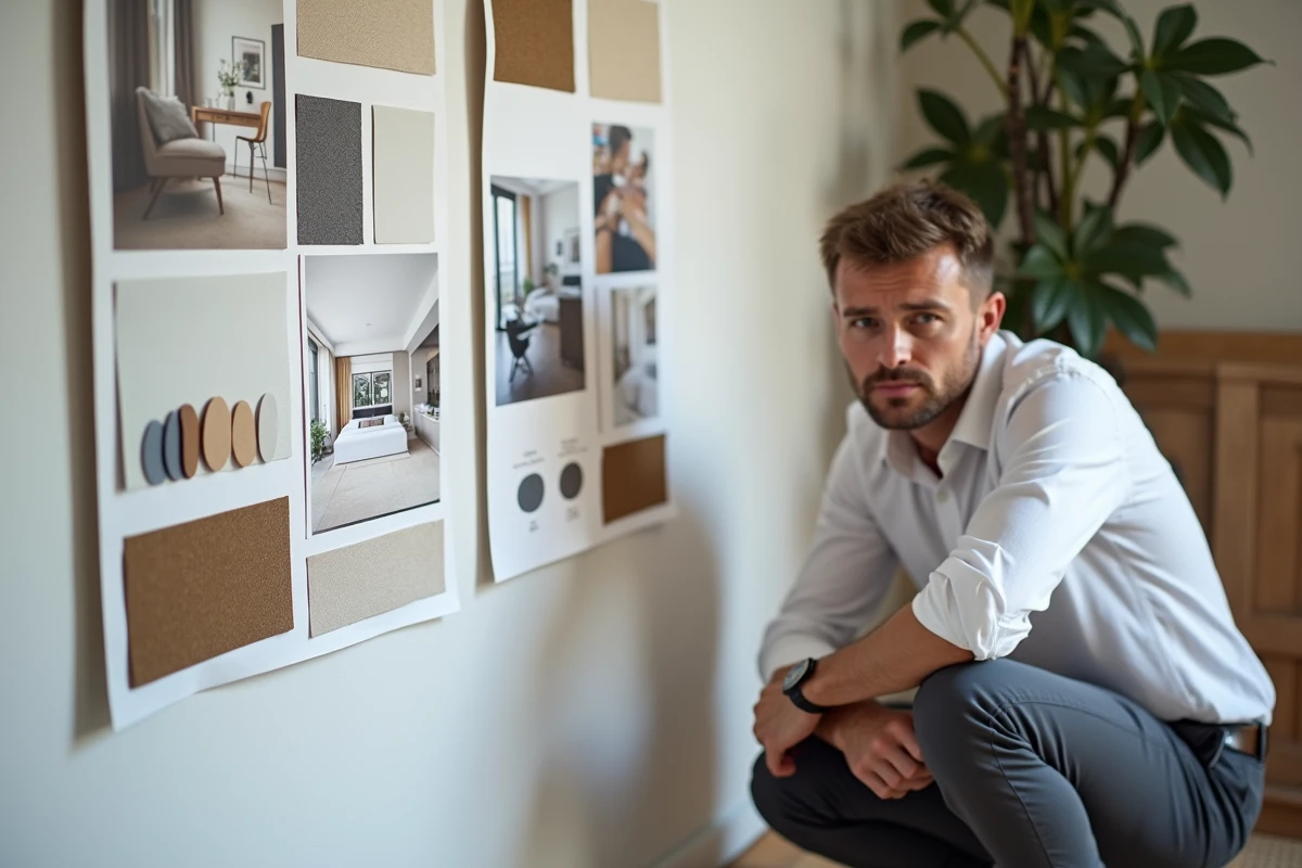 Designer de l'agence lilloise lesavoirfairedeco analysant un moodboard de projet de décoration intérieure en studio