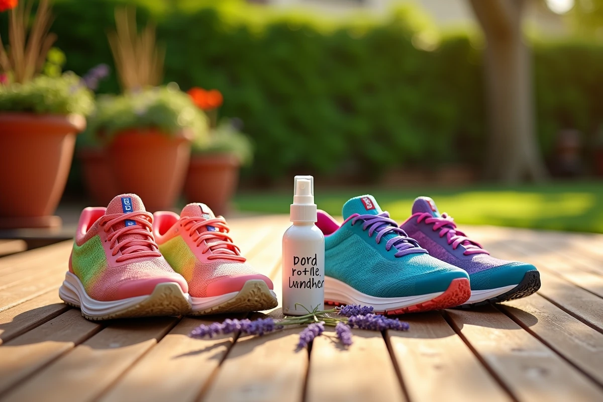 Chaussures de sport colorées sur une terrasse en bois avec lavande et spray naturel pour désodoriser les souliers