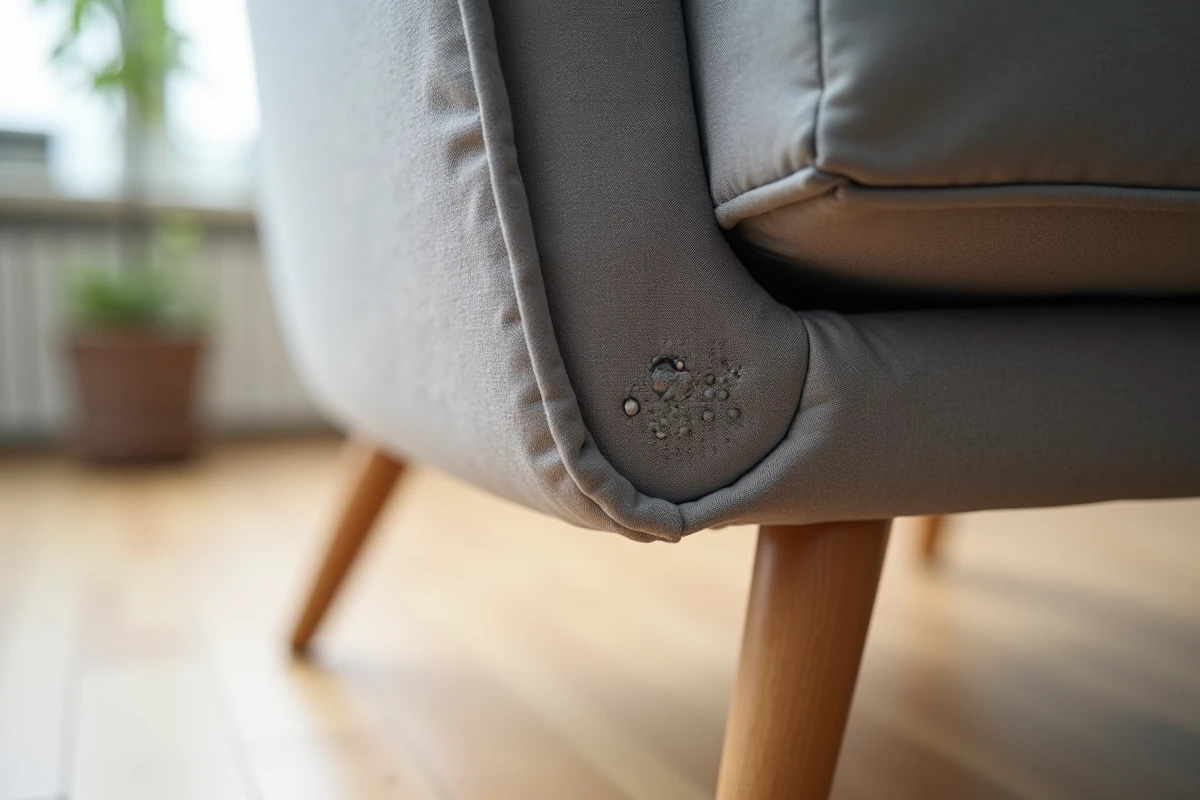Gros plan sur les bandes antidérapantes en silicone d'une housse de fauteuil extensible grise fixée sur un fauteuil moderne en tissu