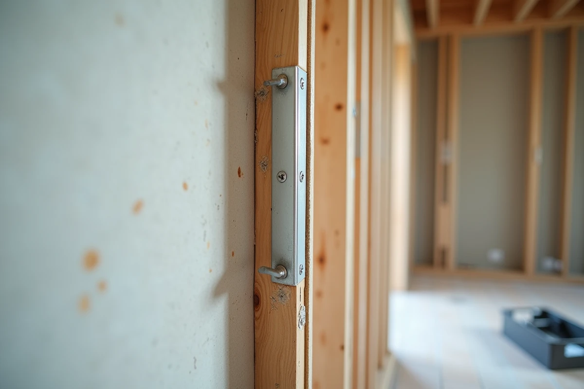 Détail de l'assemblage d'un coffrage placo sans rail avec vis et bande de joint sur chantier