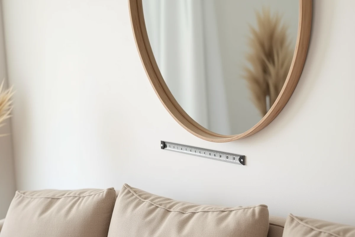 Détail de la hauteur entre un canapé beige et un miroir ovale mesuré avec un mètre ruban
