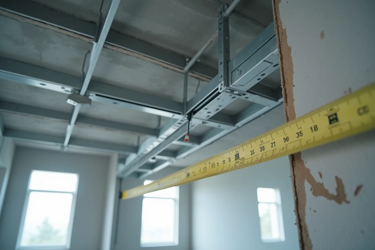 Détail de l'ossature métallique d'un faux plafond en cours d'installation avec mètre ruban