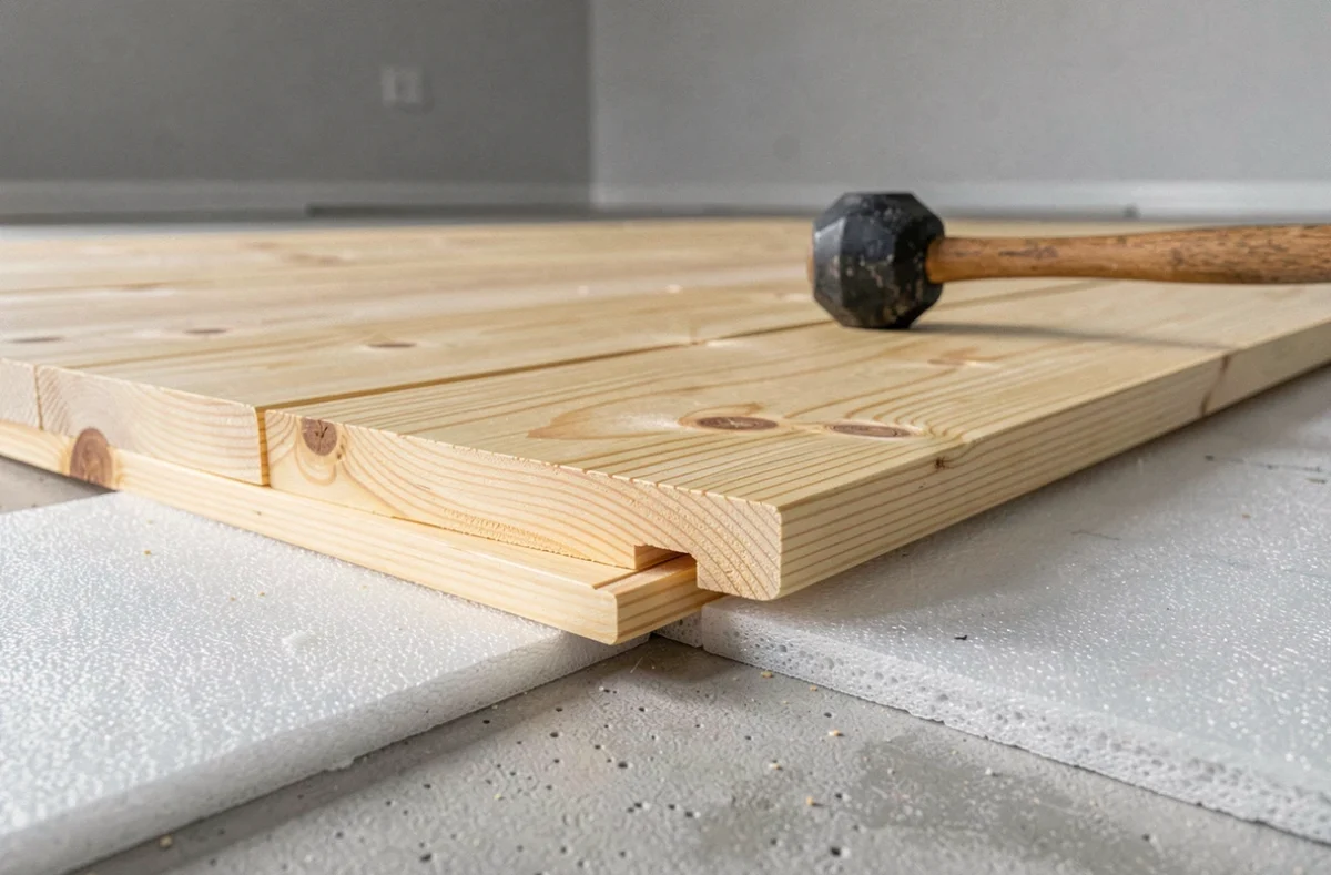 Détail de la pose flottante d'un parquet massif en pin avec sous-couche et maillet