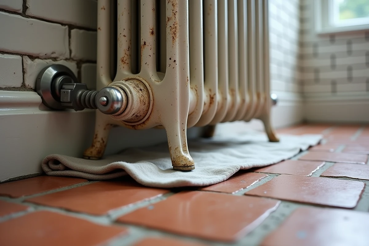 Gros plan sur les sections d'un radiateur en fonte posé sur une couverture de déménagement