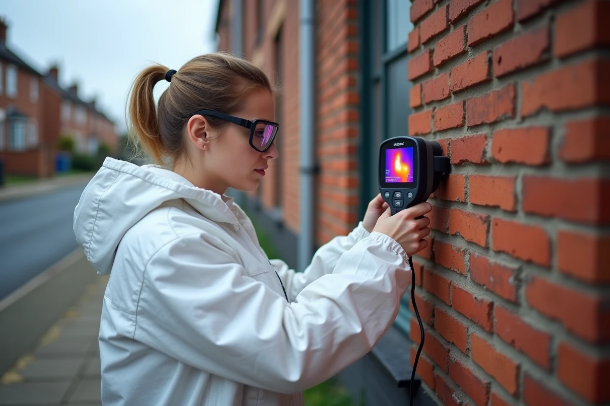 Technicienne en isolation utilisant une caméra thermique pour détecter les ponts thermiques sur la façade extérieure d'une maison en brique