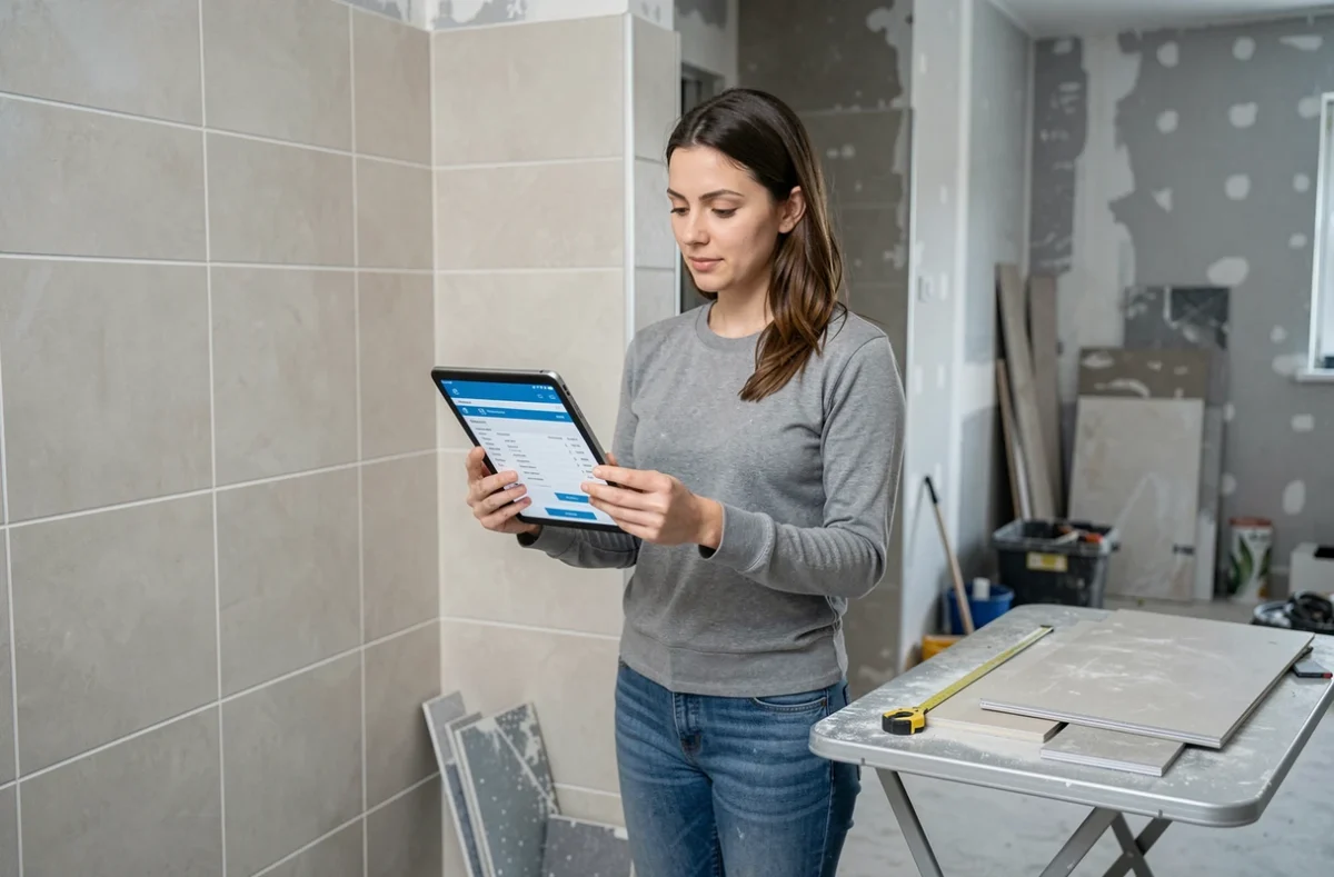Femme consultant un devis de carrelage sur tablette dans une salle de bain en travaux