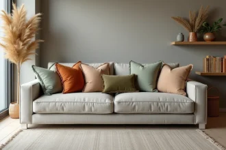 Canapé gris avec coussins décoratifs disposés harmonieusement en tons naturels terracotta et vert sauge