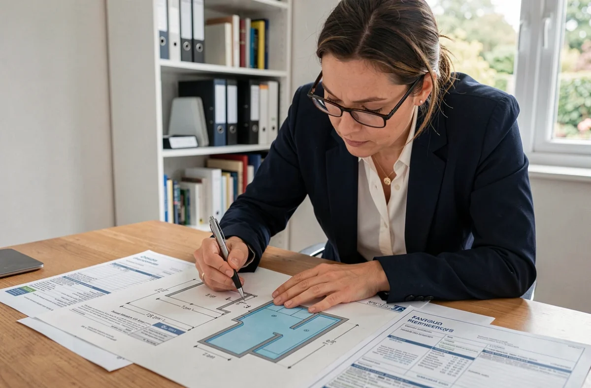 Femme consultant des documents administratifs et permis de construire liés à une piscine non déclarée