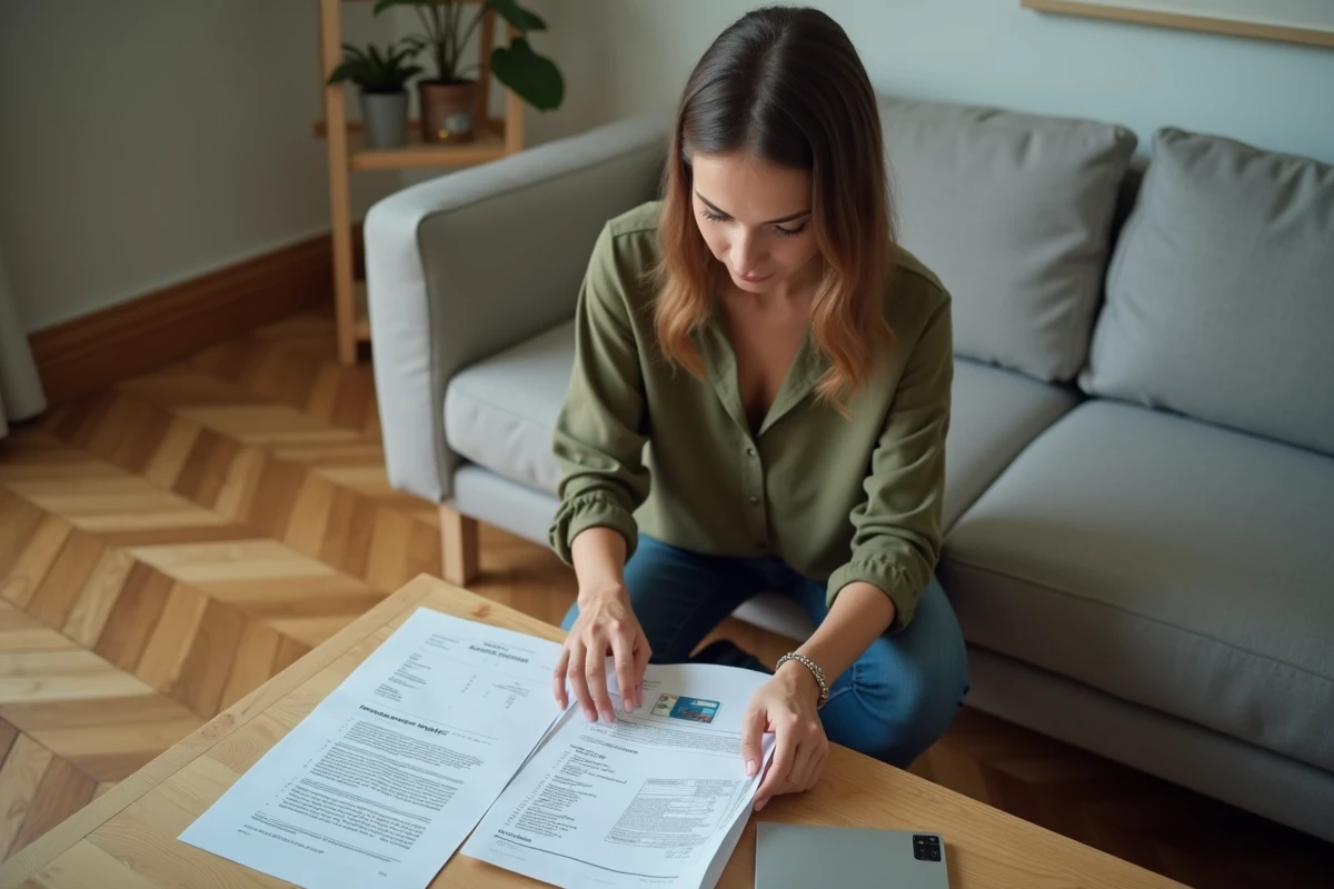 Jeune femme triant des justificatifs de domicile tels que factures et relevés bancaires sur une table basse pour un changement d'adresse