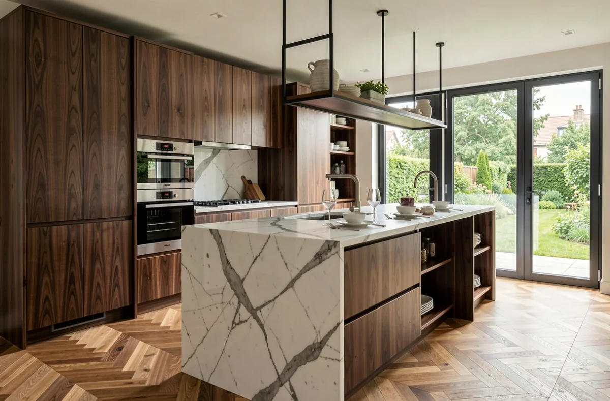 Cuisine haut de gamme Dsd Elite en noyer et marbre dans une maison de banlieue parisienne