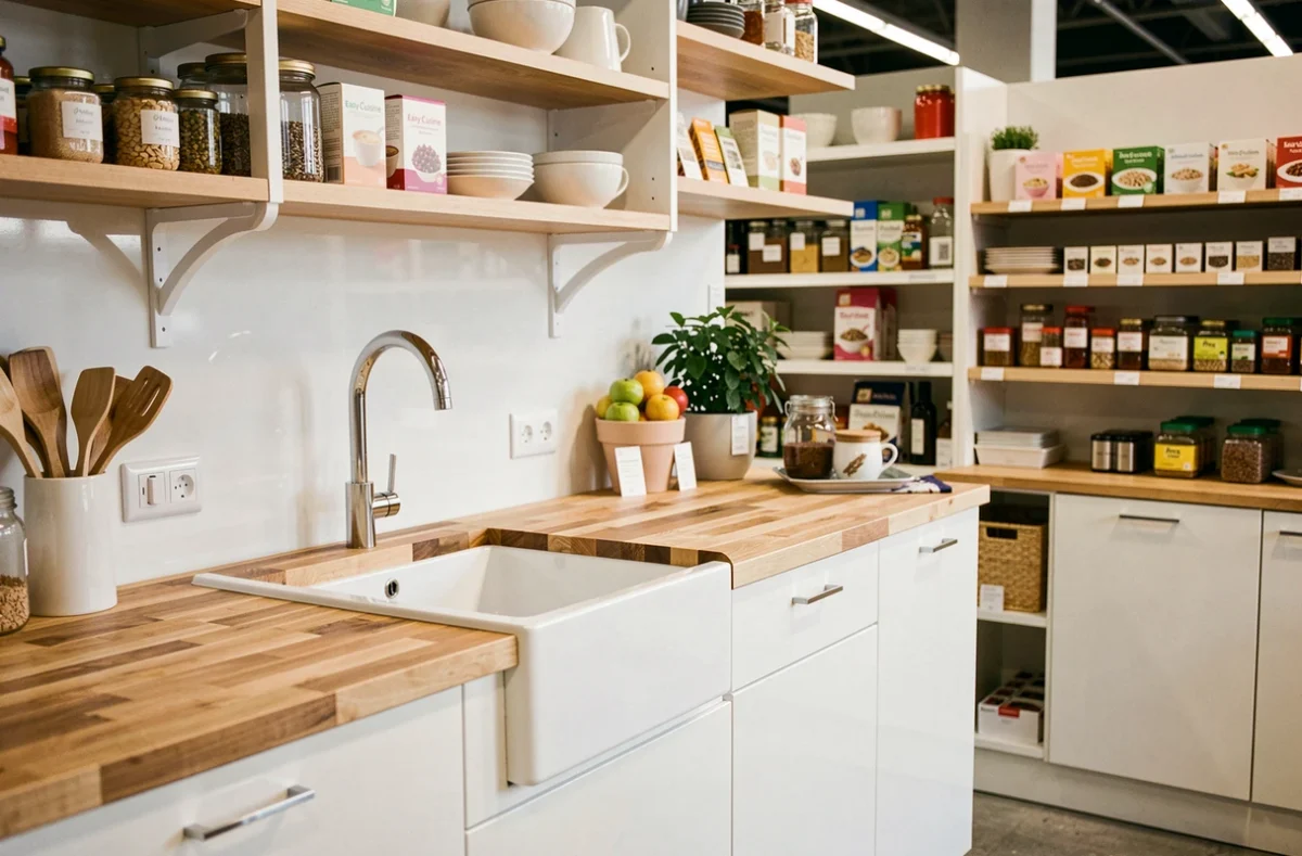 Présentation de cuisine Easy Cuisine Lille avec façades blanches brillantes, plan de travail en bois et évier de ferme