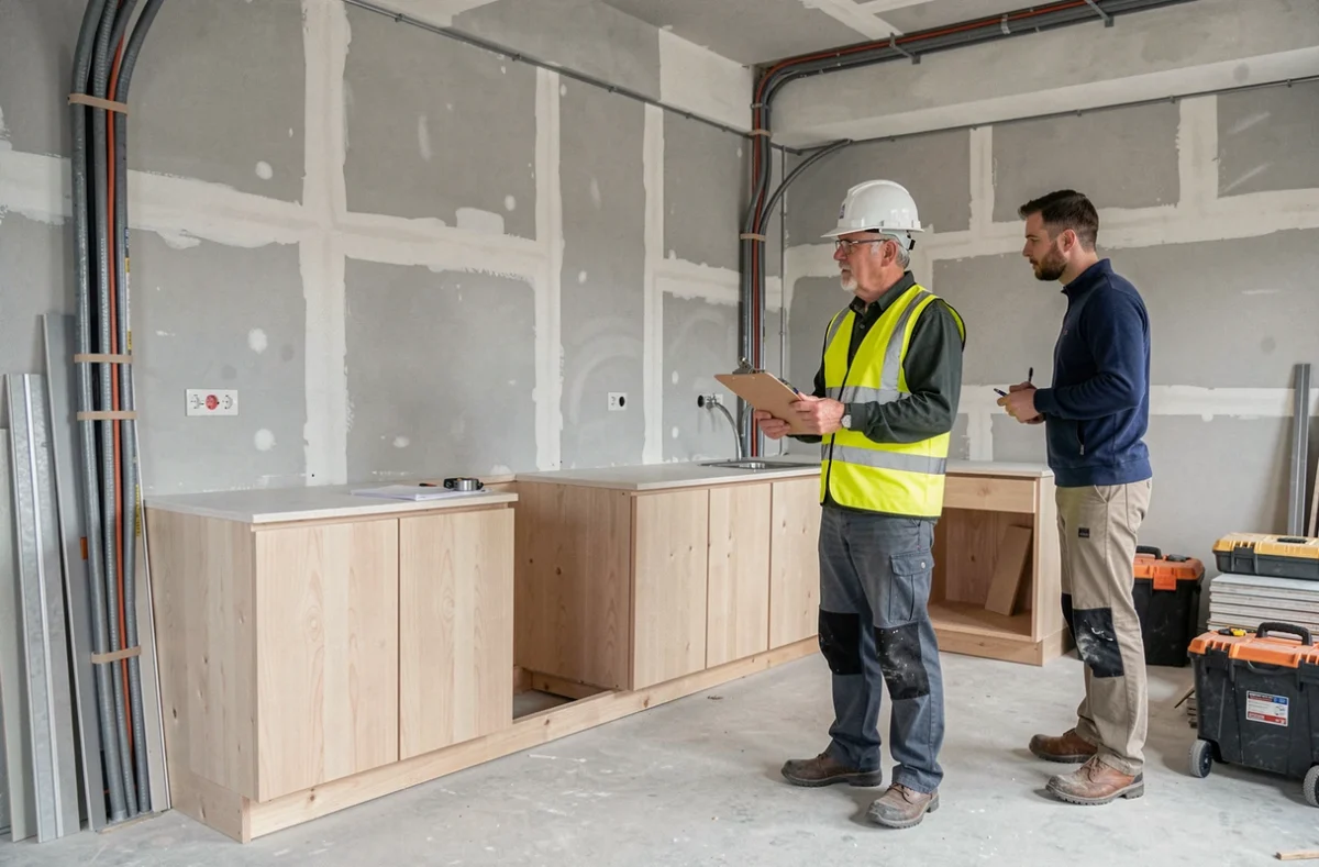 Chef de chantier EGMS supervisant un agencement de cuisine en cours de rénovation