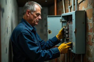 Électricien inspectant un ancien tableau électrique vieillissant dans un sous-sol