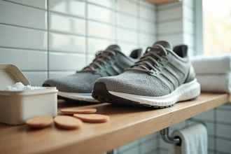 Chaussures de sport usées posées sur une étagère en bois avec du bicarbonate de soude et des semelles en cèdre pour éliminer les mauvaises odeurs