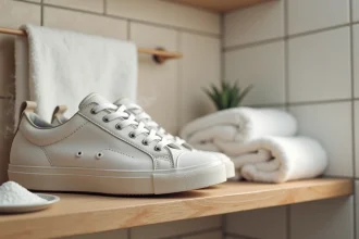 Chaussures de sport blanches usées posées sur une étagère en bois avec du bicarbonate de soude pour éliminer les mauvaises odeurs