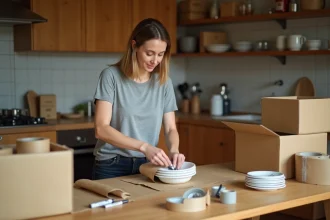Femme emballant soigneusement de la vaisselle en céramique dans du papier kraft sur une table en bois lors d'un déménagement organisé