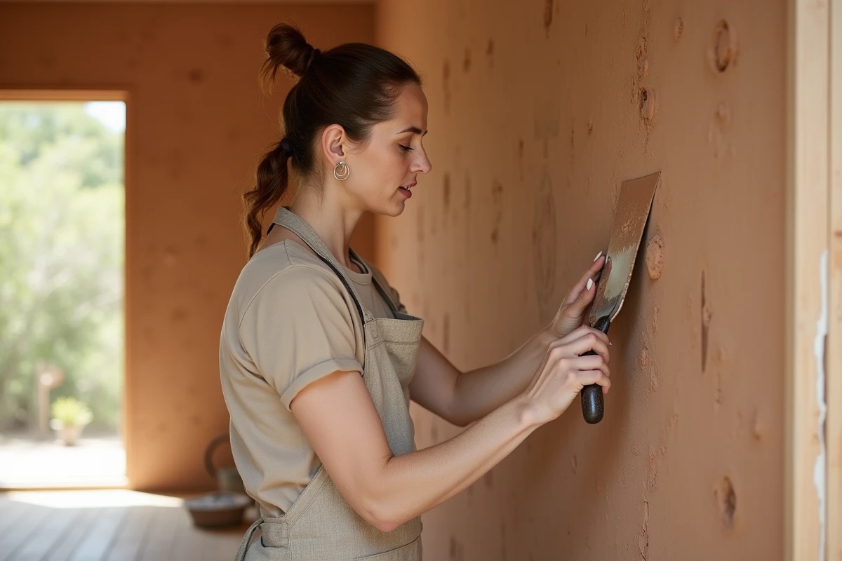 Femme appliquant un enduit en argile sur un panneau alternatif dans une maison écologique contemporaine