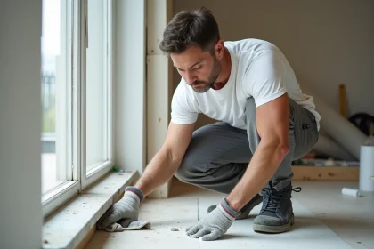 Homme en train d'enlever de la colle sur un cadre PVC blanc après des travaux de rénovation