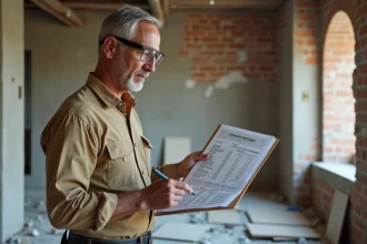 Entrepreneur en rénovation examinant des devis de coûts sur un chantier de cuisine en travaux