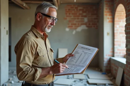 Entrepreneur en rénovation examinant des devis de coûts sur un chantier de cuisine en travaux