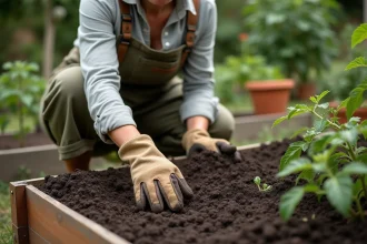 Jardinière épandant du fumier de mouton sec autour de plants de tomates dans un potager surélevé en bois