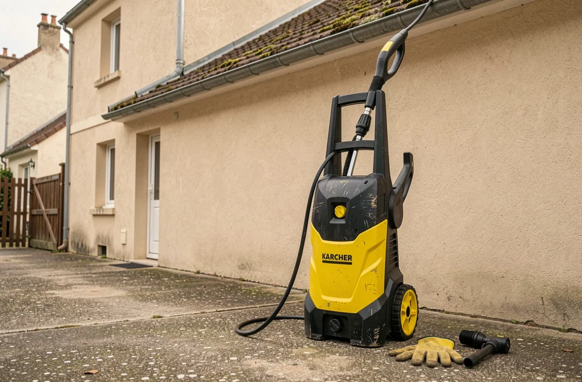 Équipement Karcher haute pression installé devant une maison pour un chantier de démoussage de toiture