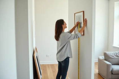 Femme mesurant l'espacement entre deux cadres sur un mur blanc dans un salon moderne