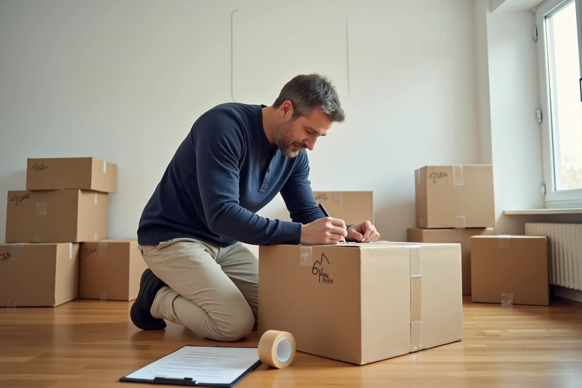 Homme étiquetant des cartons bien organisés dans un salon vide lors d'un déménagement planifié en deux semaines