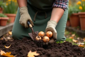 Jardinière extrayant des bulbes de lys de la terre en automne avec une truelle dans un jardin fleuri