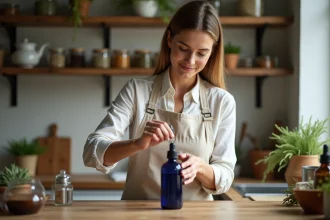 Femme préparant un insectifuge maison aux huiles essentielles dans une cuisine rustique