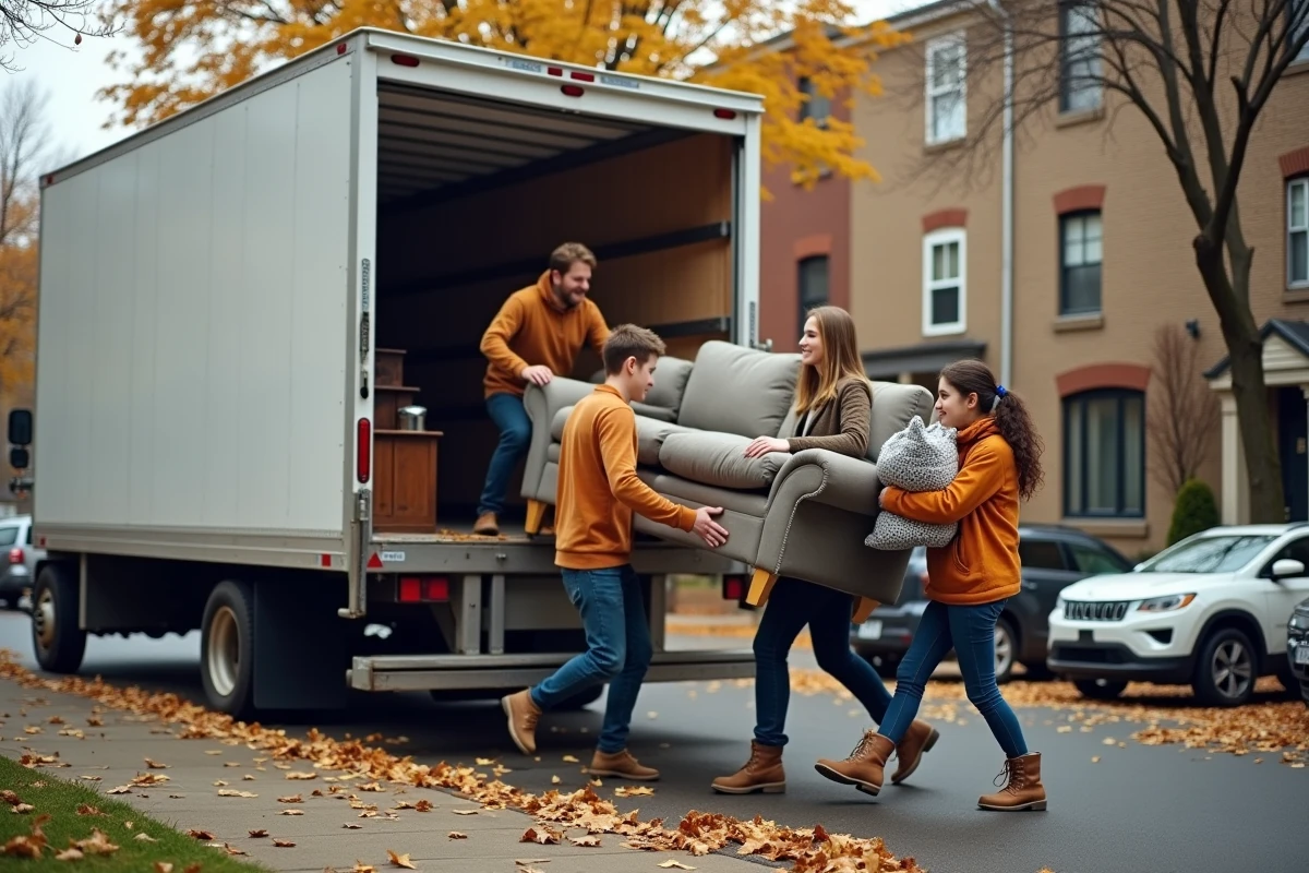 Famille déchargeant des meubles d'un camion de déménagement en automne devant une maison de ville