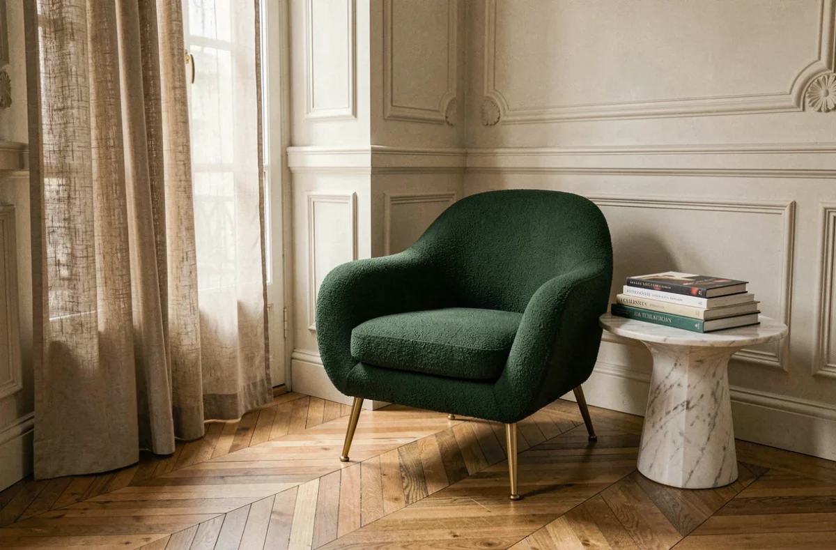 Fauteuil design en bouclé vert forêt avec pieds laiton dans un coin lecture d'appartement haussmannien au parquet en point de Hongrie