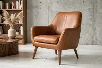 Fauteuil design en cuir cognac dans un salon minimaliste aux tons chauds avec parquet en chêne et mur en béton brut