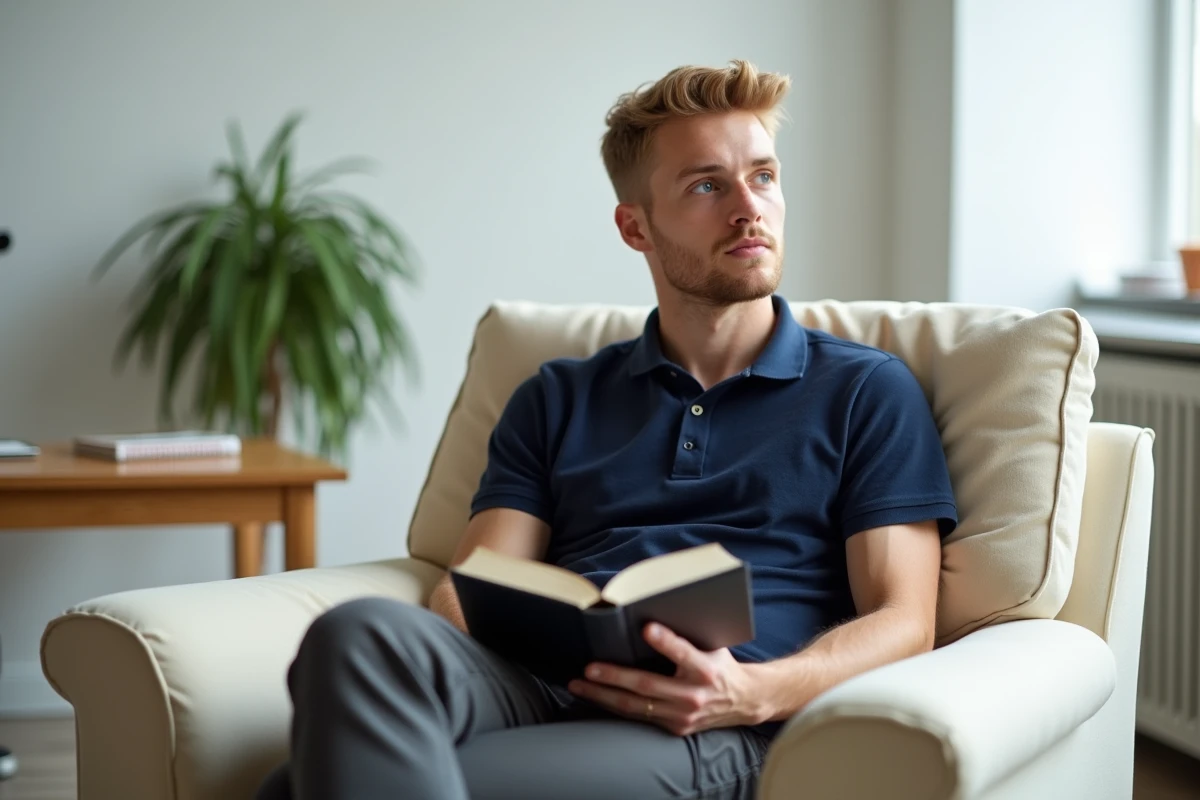 Jeune homme assis confortablement sur un fauteuil recouvert d'une housse extensible crème bien ajustée dans un bureau à domicile