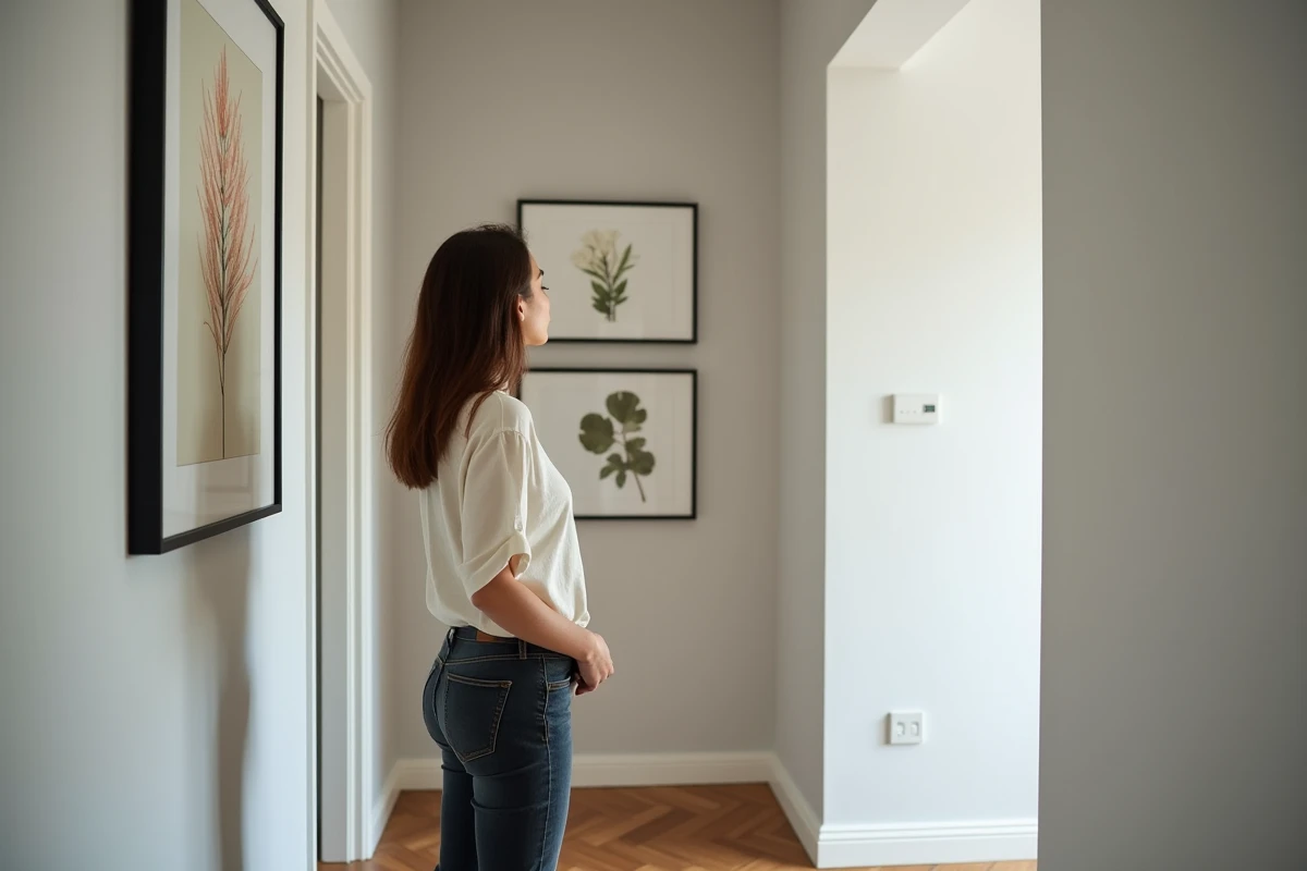 Femme évaluant le placement de trois tableaux encadrés dans un couloir d'appartement aux murs gris clair