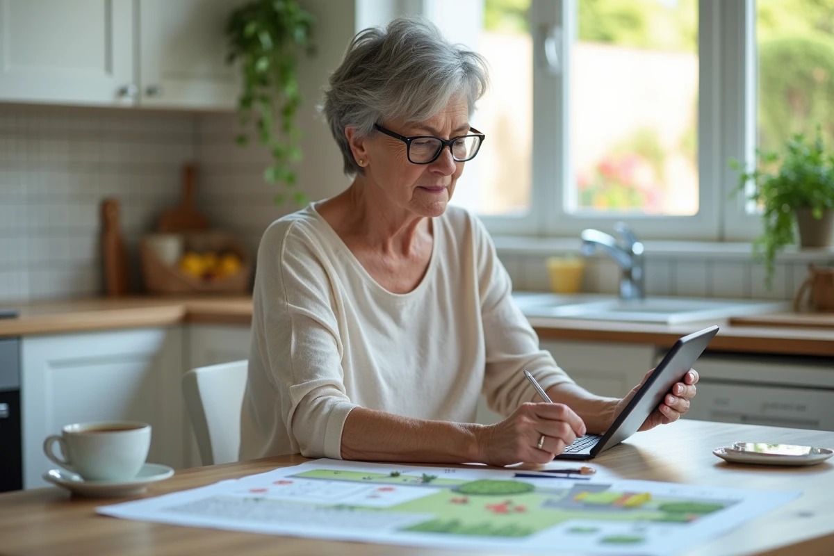 Femme d'une cinquantaine d'années consultant une application de planification de jardin sur tablette avec des plans imprimés sur une table de cuisine