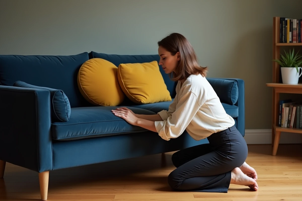 Femme arrangeant des coussins décoratifs sur un canapé en velours bleu marine dans un salon élégant