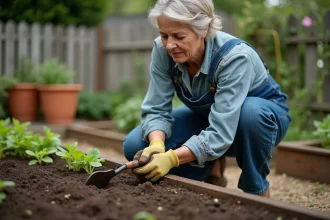 Femme utilisant une binette dans un potager pour désherber entre les rangées de légumes